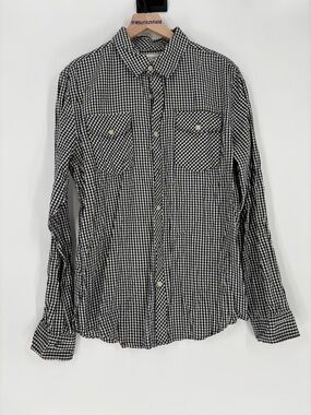 Warp + Weft large black white check button down shirt